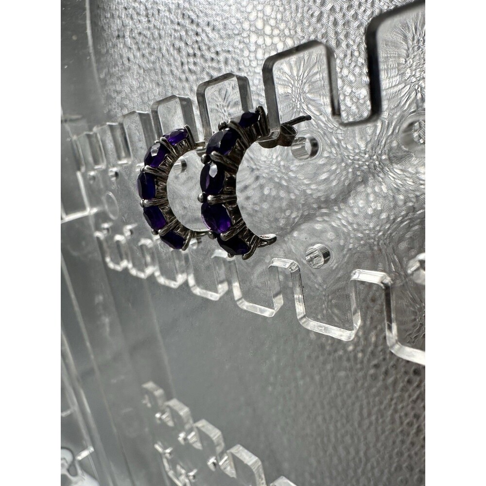 Dark Amethyst & Sterling Hoop Earrings .75 L - Picture 2 of 5